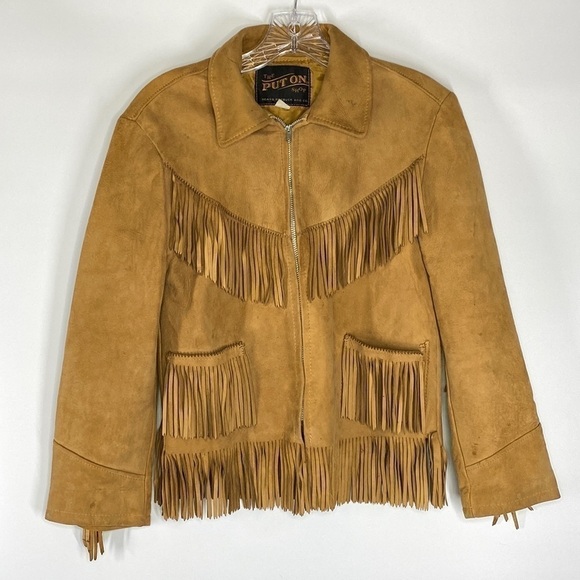 Vintage The Put On Shop Sears Roebuck, Co Fringe Cowgirl Leather Brown Jacket - Picture 1 of 12